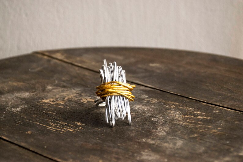 Statement Ring, Gold And Silver Wrap Ring For Women, Unique Big Ring, Geometric Ring, Hammered Silver And Gold Ring, Adjustable Charm Ring, image 5
