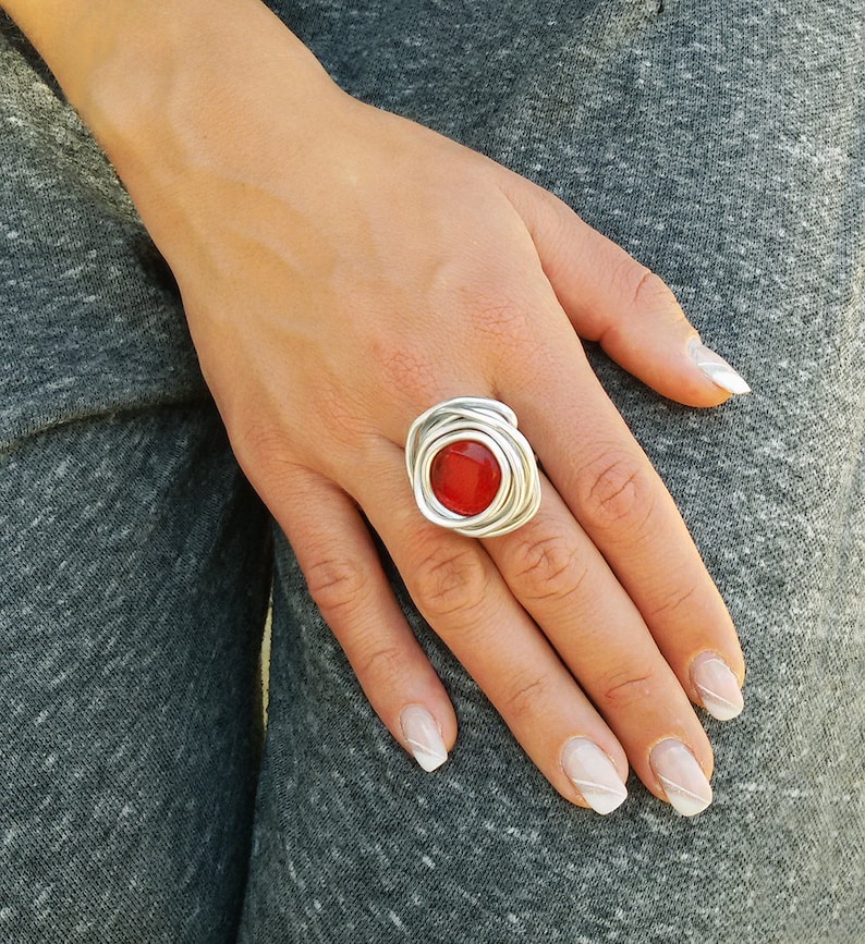 Silver ring, Red ring, Wrapped stone ring, Adjustable ring, Statement ring, Gift for her, Cocktail ring, Bridesmaid ring, Fashion ring. image 1