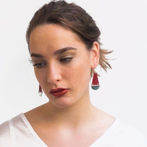 Red and silver dangle earrings, Silver Earrings, Minimalist lightweight earrings, Drop Statement earrings, Geometric design earrings. image 5