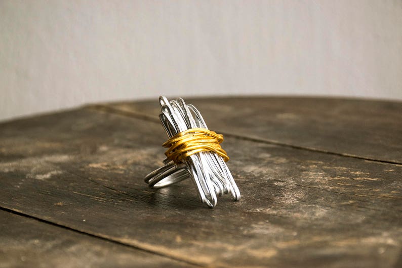 Statement Ring, Gold And Silver Wrap Ring For Women, Unique Big Ring, Geometric Ring, Hammered Silver And Gold Ring, Adjustable Charm Ring, image 1