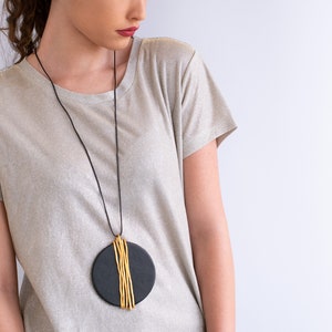 Big Round Leather Pendant, Christmas Women Gift, Long Statement Pendant Necklace, Wrapped Silver Pendant Necklace, Big Pendant Necklace. black-gold