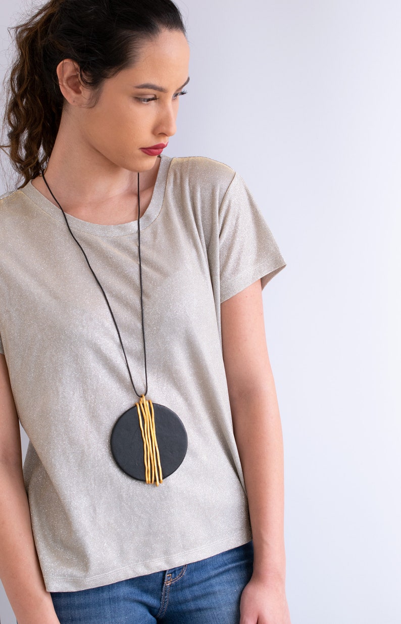 Big Round Leather Pendant, Christmas Women Gift, Long Statement Pendant Necklace, Wrapped Silver Pendant Necklace, Big Pendant Necklace. black-gold