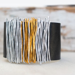 Black Leather Bracelet, Silver and Gold Bangle, Wrap Bracelet, Leather Bangle, Statement Bracelet, Silver Wrap Bracelet, Charm Cuff Bracelet gold and silver wire