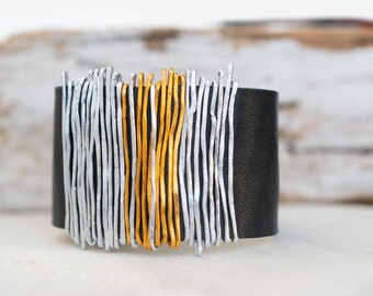 Black Leather Bracelet, Silver and Gold Bangle, Wrap Bracelet, Leather Bangle, Statement Bracelet, Silver Wrap Bracelet, Charm Cuff Bracelet