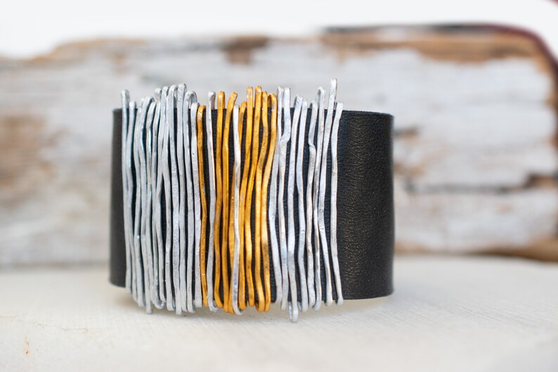 Black Leather Bracelet, Silver and Gold Bangle, Wrap Bracelet, Leather Bangle, Statement Bracelet, Silver Wrap Bracelet, Charm Cuff Bracelet gold and silver wire
