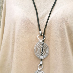 Long Lariat Necklace, Statement Large Necklace, Hammered Spiral Pendants, Silver Lariat Necklace, Silver Spiral Necklace, Eco Leather Lace image 2