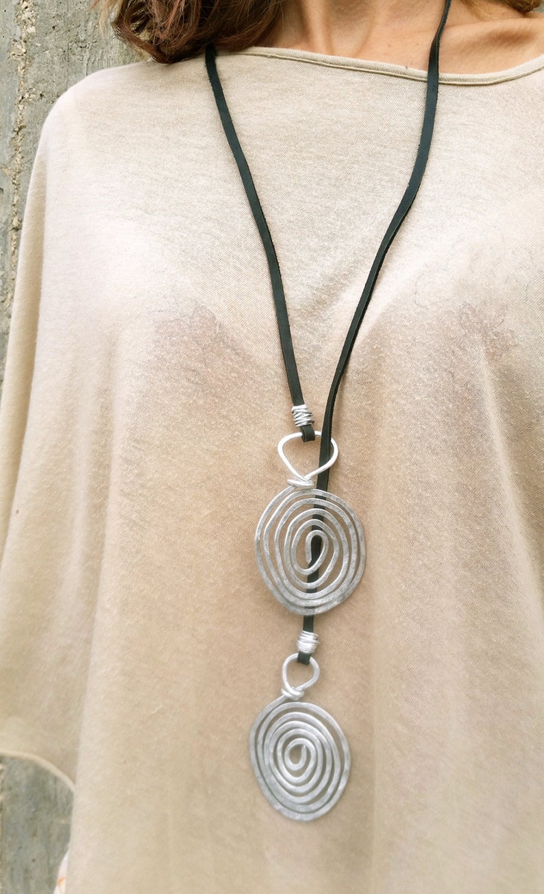 Long Lariat Necklace, Statement Large Necklace, Hammered Spiral Pendants, Silver Lariat Necklace, Silver Spiral Necklace, Eco Leather Lace image 2