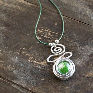 Gift For Her, Green Pendant Necklace, Wrap Silver Pendant, Silver Necklace For Women, Leather Necklace, Charm Necklace. image 3