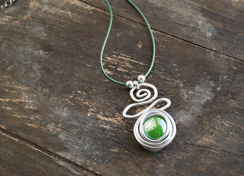 Gift For Her, Green Pendant Necklace, Wrap Silver Pendant, Silver Necklace For Women, Leather Necklace, Charm Necklace. image 3