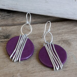Silver Wrapped Earrings, Round Dangle Earrings, Black Leather Earrings, Statement Earrings, Lightweight Earrings, Large Dangle Earrings. purple