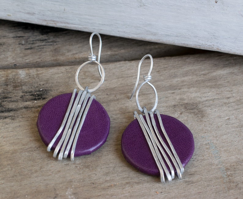 Silver Wrapped Earrings, Round Dangle Earrings, Black Leather Earrings, Statement Earrings, Lightweight Earrings, Large Dangle Earrings. purple
