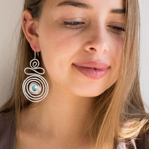Dangle Beaded Earrings, Silver Spiral Large Earrings, Long Turquoise Bohemian Earrings, Wrap Dangle Earrings, Lightweight. image 8