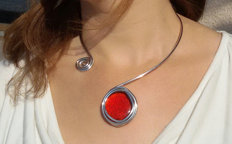 Silver statement necklace for women, Wrapped necklace, Red necklace, Adjustable necklace, Wedding and Bridesmaid necklace image 1