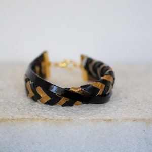 Black and gold leather bracelet, Braided Leather Bracelet, Women Statement Bracelet, Gold leather bracelet, Christmas gift. image 7