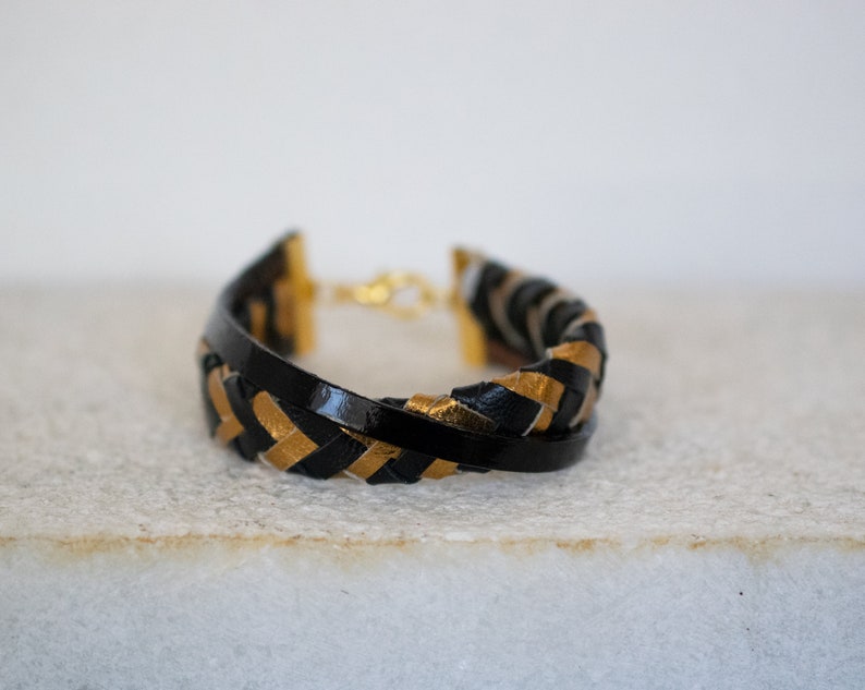 Black and gold leather bracelet, Braided Leather Bracelet, Women Statement Bracelet, Gold leather bracelet, Christmas gift. image 7