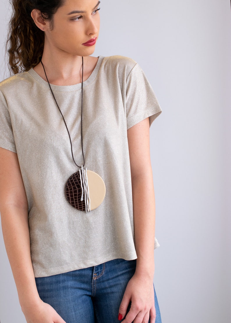 Ideal Women Gift, Long Statement Pendant Necklace, Big Round Leather Pendant, Wrapped Silver Pendant Necklace, Big Pendant Necklace. image 9