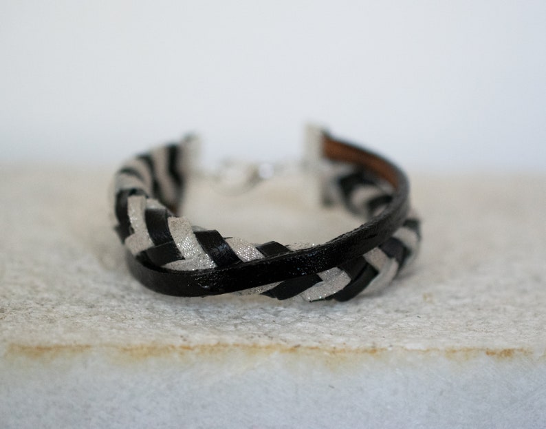 Black and gold leather bracelet, Braided Leather Bracelet, Women Statement Bracelet, Gold leather bracelet, Christmas gift. image 10