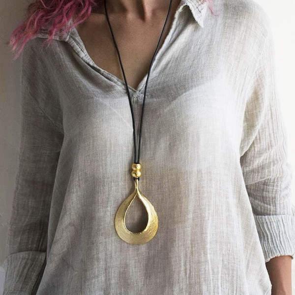 Valentines gift, Gold Drop Pendant necklace, Big Silver Drop Pendant, Leather Long Necklace, Pendant Necklace, Statement necklace.