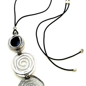 Oversized pendant necklace, Long Pendant Necklace, Black Leather Necklace, Spirals Pendant, Black Stone Pendant, Statement Large Necklace.