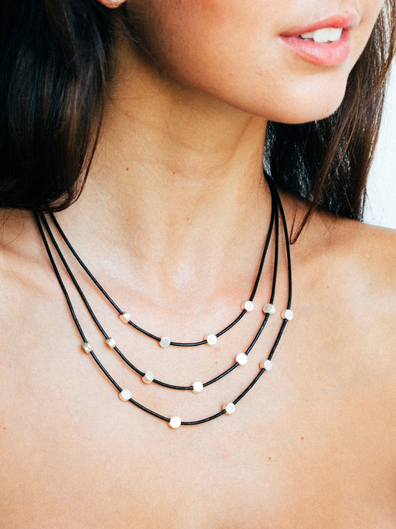 Black Leather Necklace Stranded Necklace Silver Beads Etsy