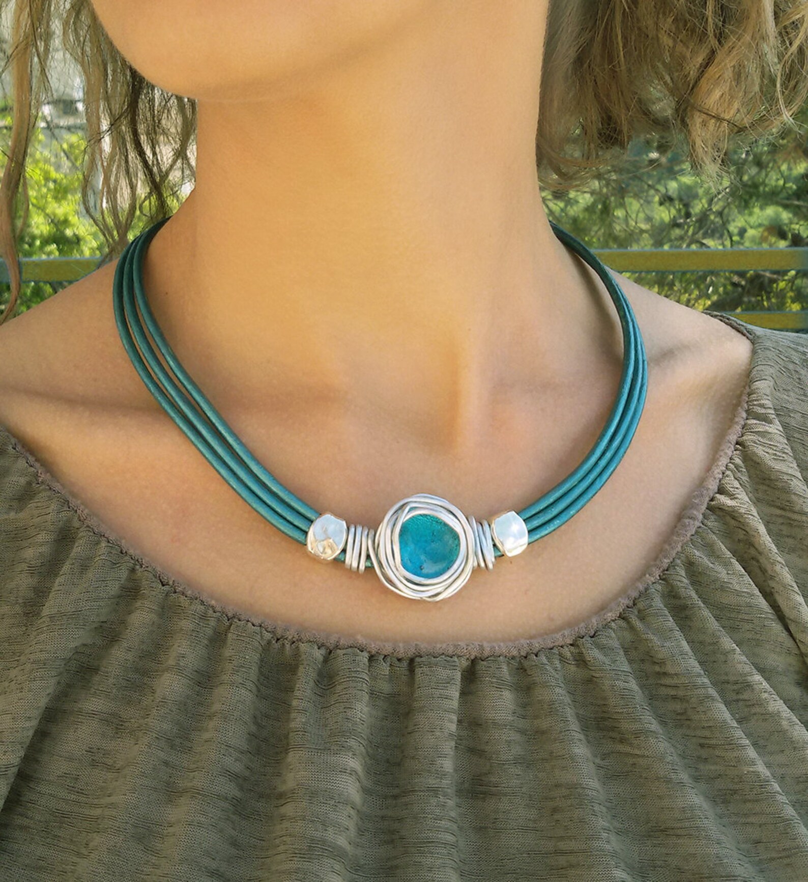 Turquoise Necklace Leather Necklace Choker Necklace Etsy