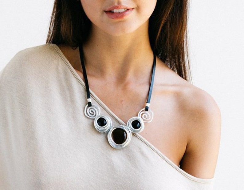 Black leather statement necklace, silver necklace, wrapped stone stylish necklace, wedding necklace, bridesmaid necklace, mother's gift. image 1