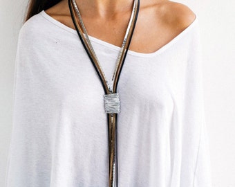 Tie Long Necklace, Long Lariat Necklace, Leather Laces Necklace, Statement Necklace, Silver Wrap Necklace, Stylish Necklace, Charm Necklace.