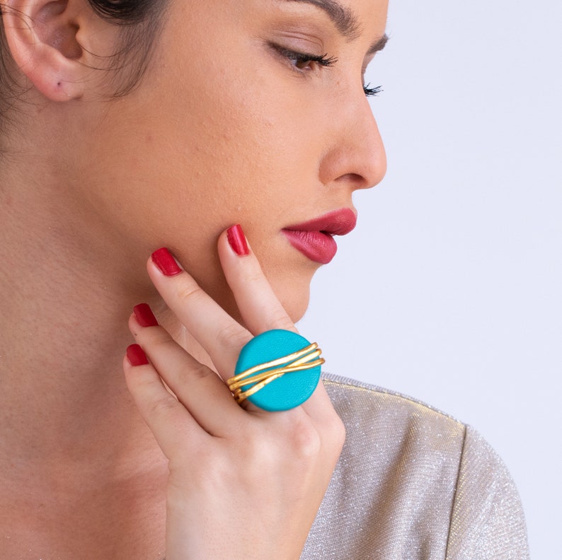 Statement Gold Ring WithTurquoise Leather, Oval Minimalist Ring, Adjustable Ring, Wrapped Wire Ring, Women Big Ring, Geometric Shape Ring. image 3