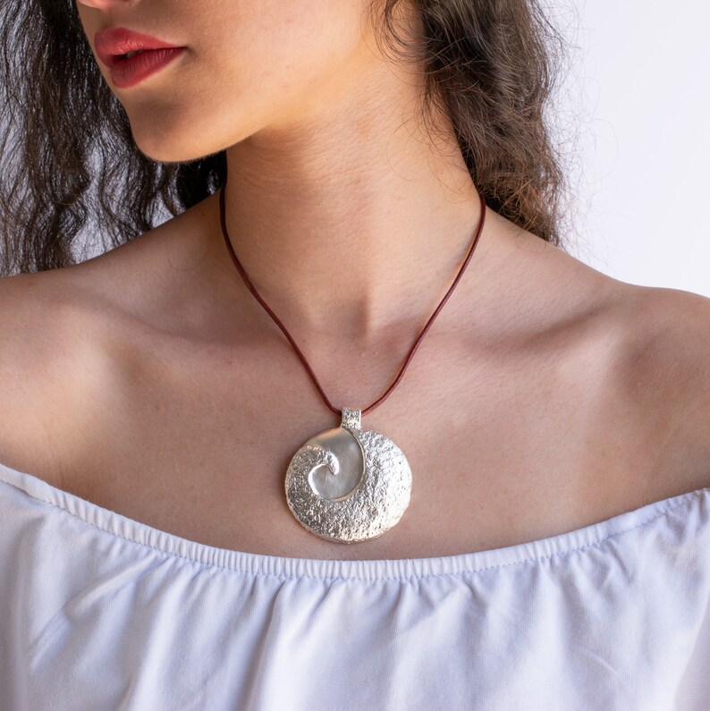 Round Silver Pendant Necklace With Leather Cord Big Pendant Etsy