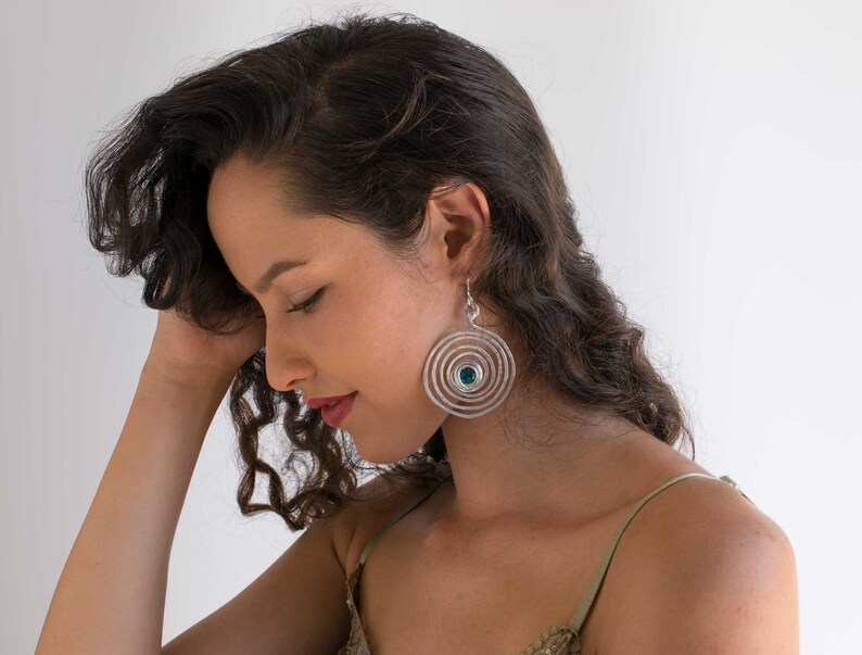Long Bohemian Earrings Lightweight. Big Round Silver Spiral Dangle Earrings Hammered Dangle Earrings Large Earrings With Turquoise Beads