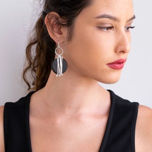 Silver Wrapped Earrings, Round Dangle Earrings, Black Leather Earrings, Statement Earrings, Lightweight Earrings, Large Dangle Earrings. image 4