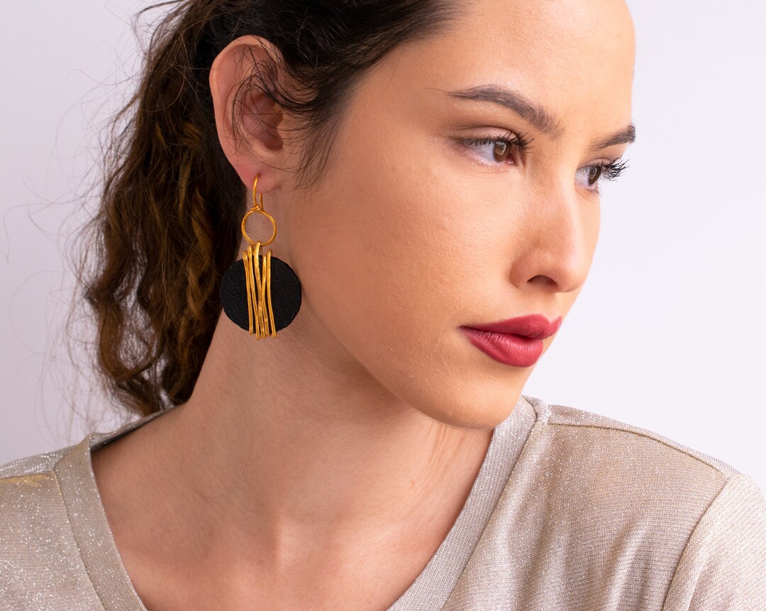 Black Leather Gold Wrapped Earrings Round Dangle Earrings Etsy