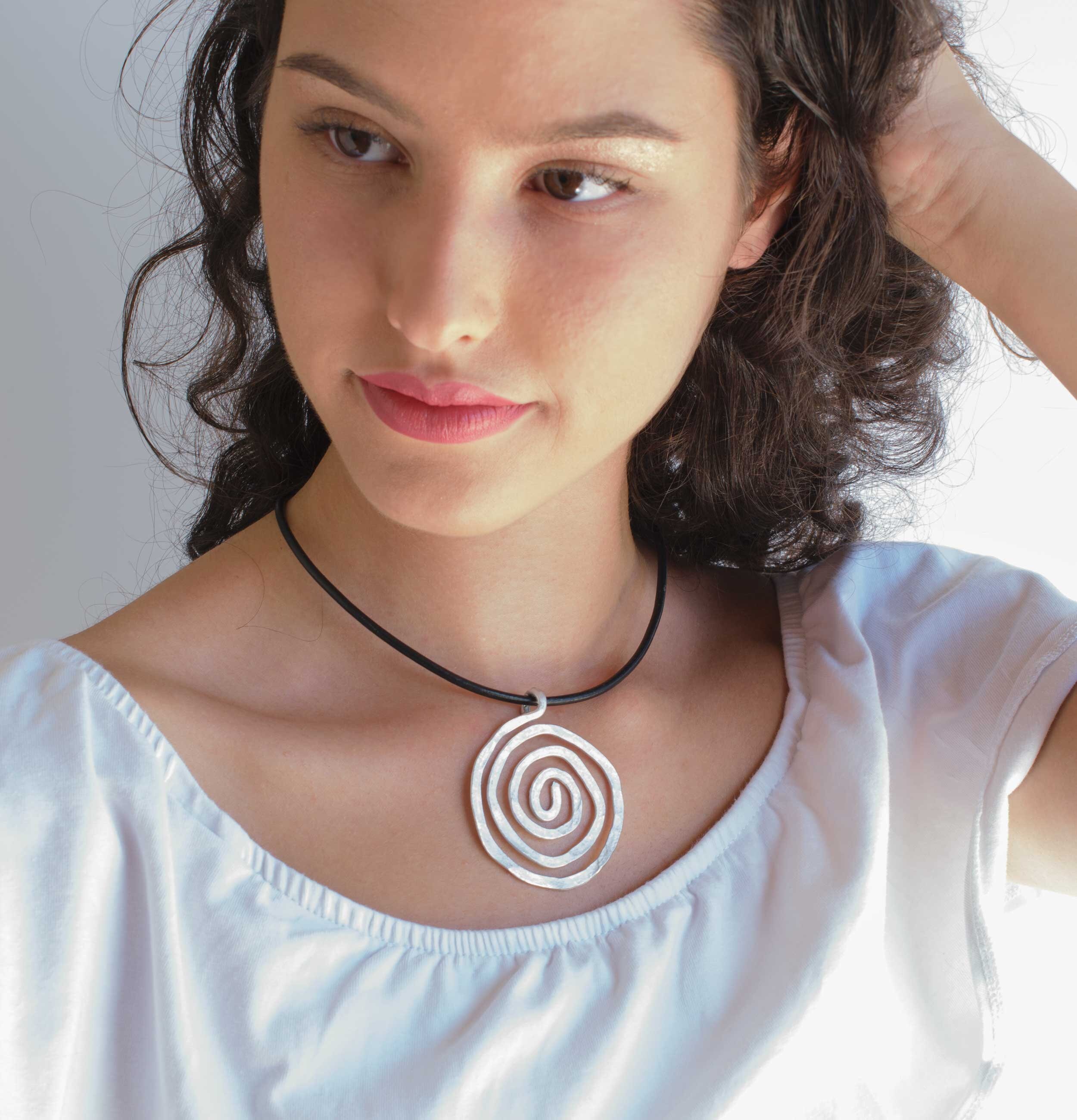 Leather Necklace With Silver Spiral Big Pendant Statement Etsy