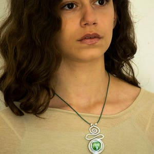 Gift For Her, Green Pendant Necklace, Wrap Silver Pendant, Silver Necklace For Women, Leather Necklace, Charm Necklace. image 4