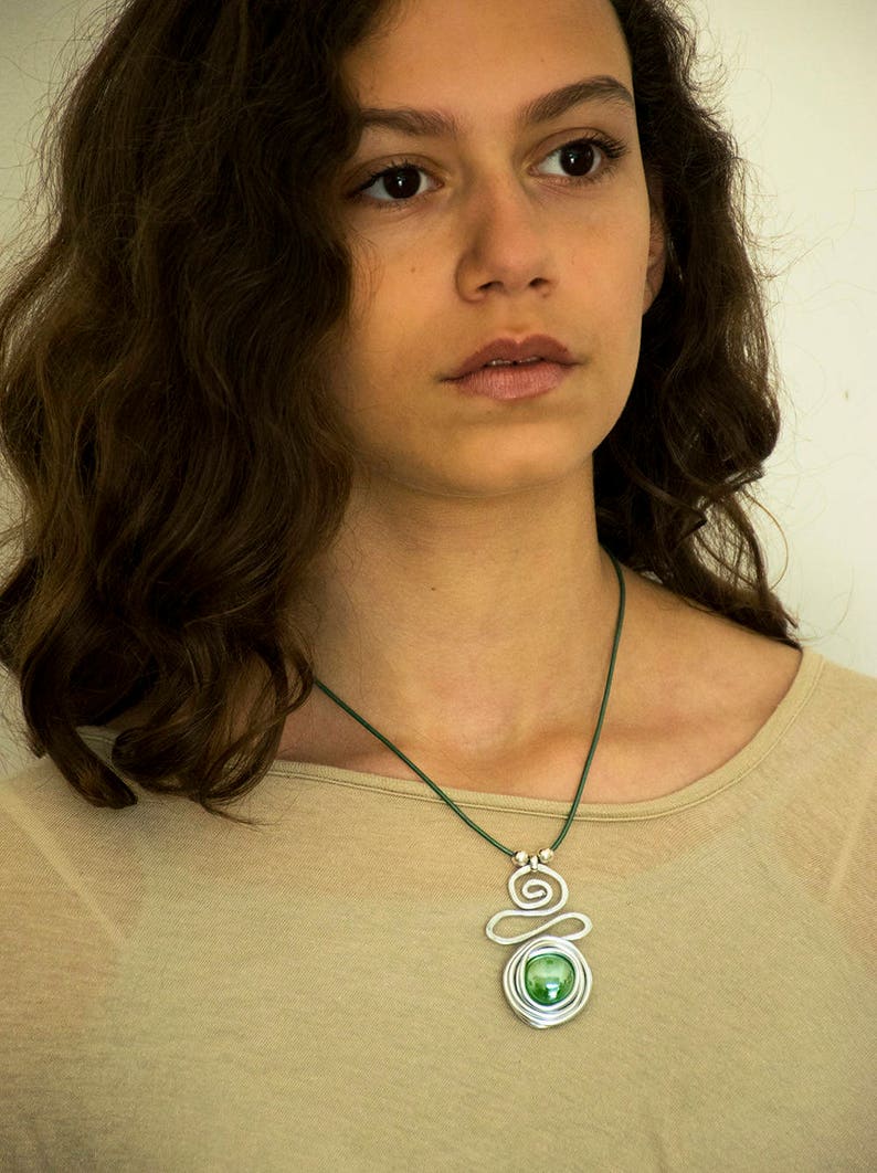 Gift For Her, Green Pendant Necklace, Wrap Silver Pendant, Silver Necklace For Women, Leather Necklace, Charm Necklace. image 4