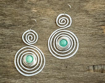 Turquoise earrings,  Mom's Gift, Silver Spiral Earrings, Long Dangle Turquoise  Earrings, Wrapped Large Earrings, Lightweight Charm Earrings