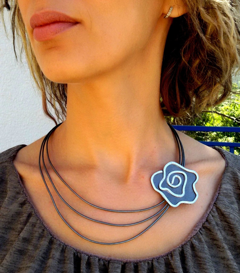 Mom/'s Day Gift Leather Flower Necklace Silver Necklace Stranded Necklace Leather Necklace. Statement Necklace Vintage Necklace