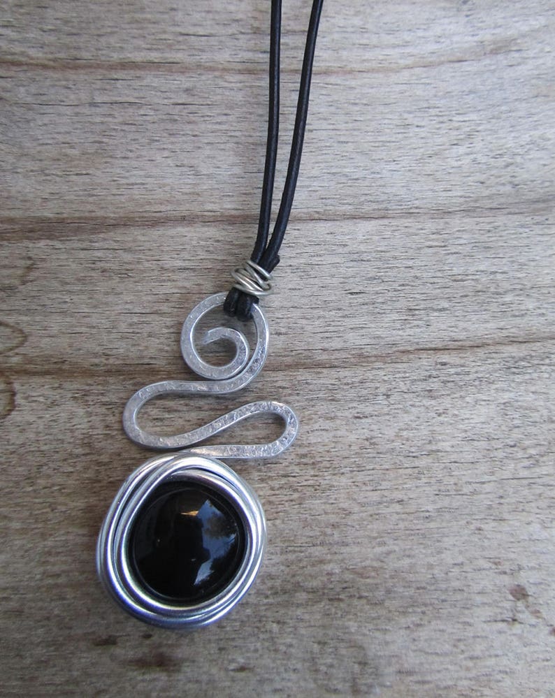 Glass Pendant, Wire Wrapped Necklace,Black Pendant Necklace, Spiral Design Necklace, Boho Necklace, Silver Necklace For Women, Charm. image 4