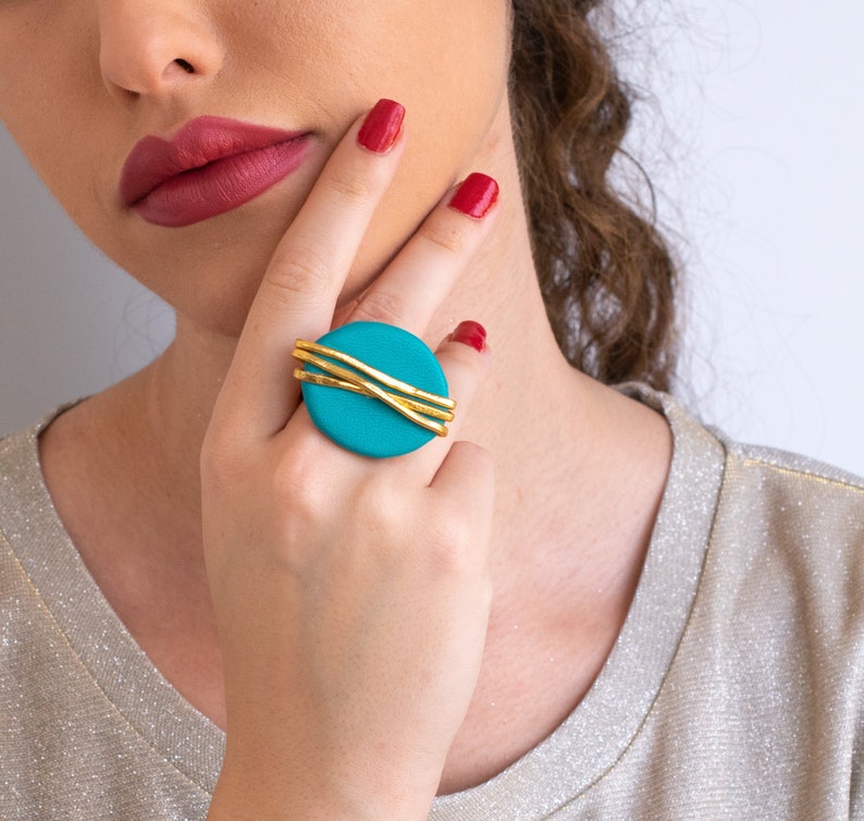 Statement Gold Ring WithTurquoise Leather, Oval Minimalist Ring, Adjustable Ring, Wrapped Wire Ring, Women Big Ring, Geometric Shape Ring. turquoise