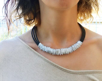 Silver necklace for women, Black Wrap Choker, Statement necklace, Wrap silver necklace, Choker necklace, Women necklace.