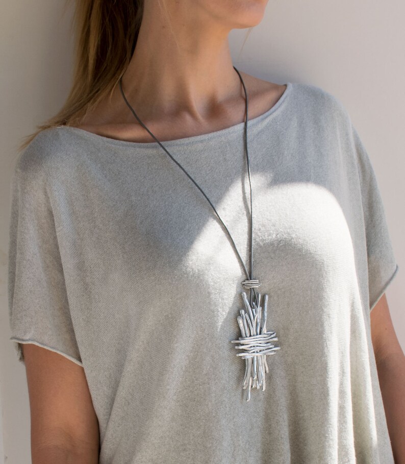 Silver Big Pendant Leather Necklace For Women Hammered Big Pendant Long Statement Necklace Wrap Pendant Necklace Charm necklace.