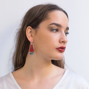 Red and silver dangle earrings, Silver Earrings, Minimalist lightweight earrings, Drop Statement earrings, Geometric design earrings. image 6