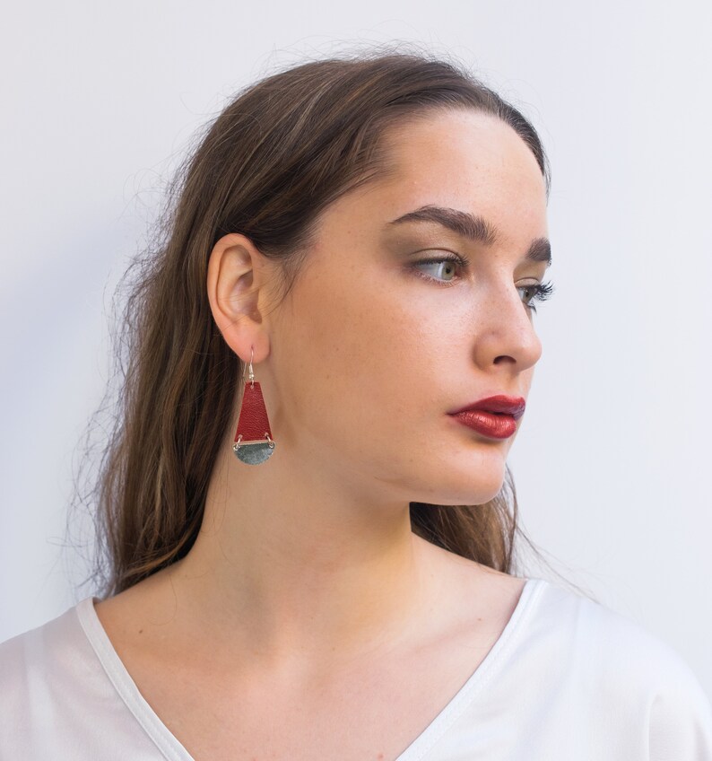Red and silver dangle earrings, Silver Earrings, Minimalist lightweight earrings, Drop Statement earrings, Geometric design earrings. image 6