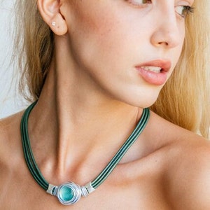 Turquoise Wrap Necklace, Statement Necklace, Leather Choker, Green/turquoise Stone Necklace, Bridesmaid Necklace, Choker necklace, For Gift image 2