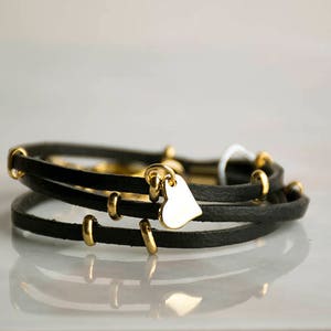 Triple Wrapped Leather Bracelet With Heart, Leather Women Bracelet, Gold Bracelet For Women, Metal Beaded Bracelet, Black Cuff Bangle. image 1