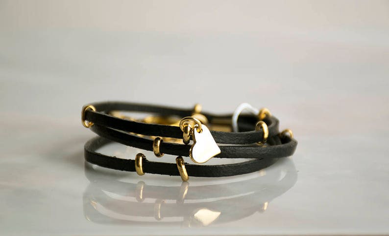 Triple Wrapped Leather Bracelet With Heart, Leather Women Bracelet, Gold Bracelet For Women, Metal Beaded Bracelet, Black Cuff Bangle. image 1