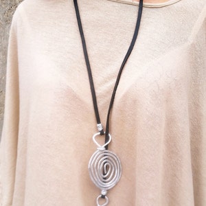 Long Lariat Necklace, Statement Large Necklace, Hammered Spiral Pendants, Silver Lariat Necklace, Silver Spiral Necklace, Eco Leather Lace image 5