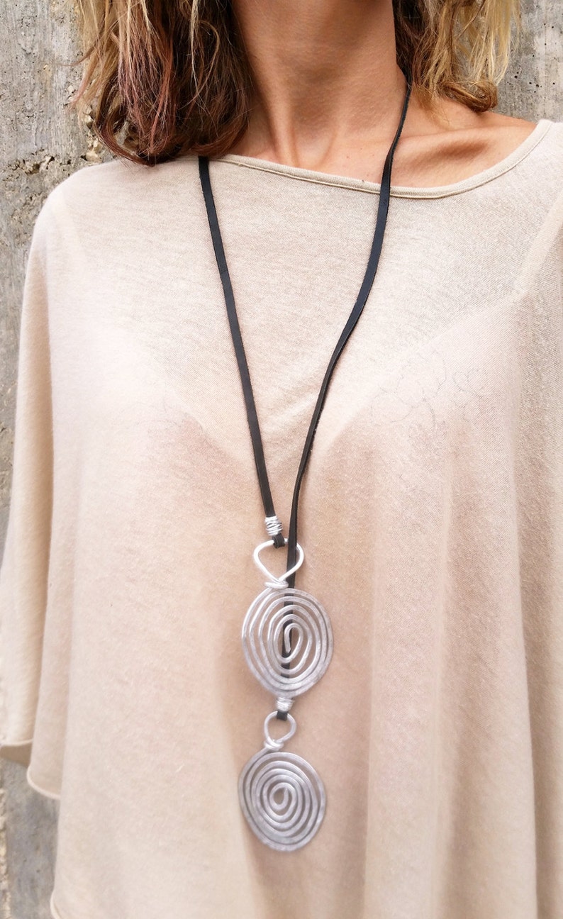 Long Lariat Necklace, Statement Large Necklace, Hammered Spiral Pendants, Silver Lariat Necklace, Silver Spiral Necklace, Eco Leather Lace image 5