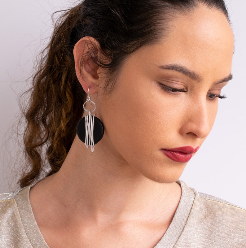 Silver Wrapped Earrings, Round Dangle Earrings, Black Leather Earrings, Statement Earrings, Lightweight Earrings, Large Dangle Earrings. image 2