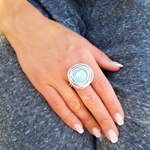 Statement Turquoise Ring For Woman, Silver Big Ring, Wrapped Ring, Solitaire Turquoise Ring, Silver Women Ring, Glass Turquoise Stone,